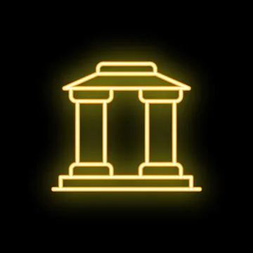 Neon yellow building facade with columns and pedestal on black background Ilustración de archivo