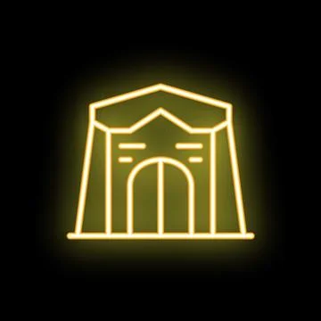 Neon yellow building facade with glowing lights on black background Ilustración de archivo