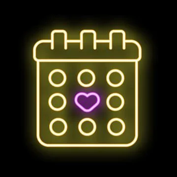 Neon yellow calendar showing purple heart highlighting special date Stock Illustration