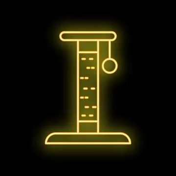 Neon yellow cat scratching post with toy ball glowing on black background 스톡 일러스트