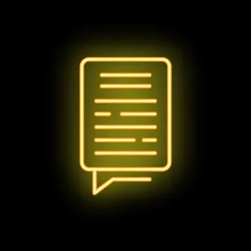 Neon yellow chat bubble with text lines on black background Stock Illustration