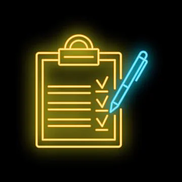 Neon yellow checklist with check marks and pen on black background Stock Illustration