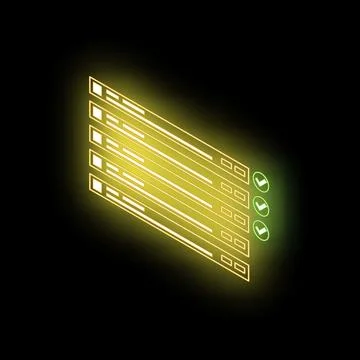 Neon yellow checklist showing progress on black background Illustrazione stock
