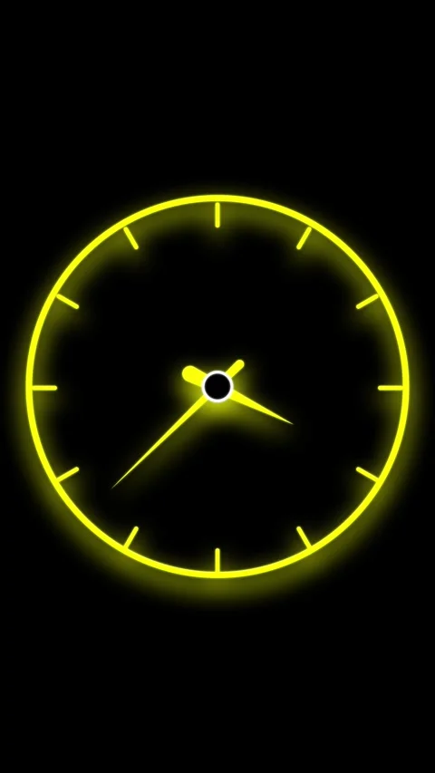 Neon Yellow Clock Face with Hour and Minute Hands on Black Background time .. Stock Footage 337461380