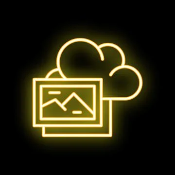 Neon yellow cloud computing sharing image icon on black background 스톡 일러스트