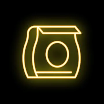 Neon yellow coffee packaging glowing on black background Stock Illustration