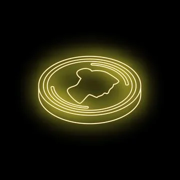 Neon yellow coin featuring profile of queen elizabeth ii on dark background Stock Illustration