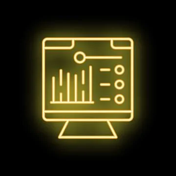 Neon yellow computer icon displaying statistical charts and data analysis Stock Illustration