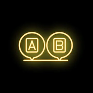 Neon yellow connected speech bubbles with a and b letters on black background Illustrazione stock