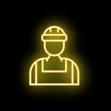 Neon yellow construction worker icon glowing on black background Stock Illustration