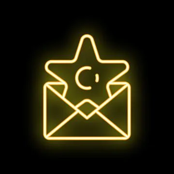 Neon yellow copyright star in open envelope on black background Stock Illustration