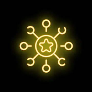Neon yellow decentralized network sharing star data on black background Stock Illustration