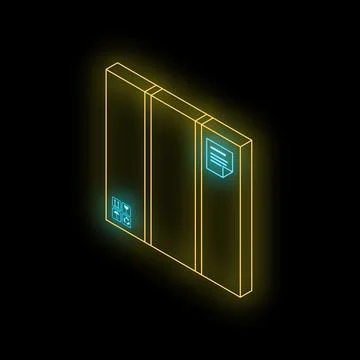 Neon yellow delivery box with fragile symbols glowing on black background 스톡 일러스트