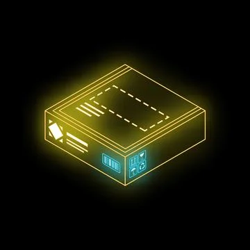 Neon yellow delivery parcel tracking isometric view glowing on black backgrou Illustrazione stock