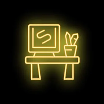 Neon yellow desk with computer and pencils on black background Stock Illustration