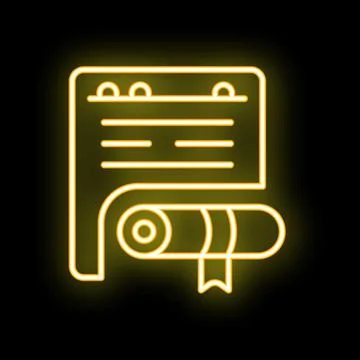 Neon yellow diploma scroll with certificate icon glowing on black background Stock Illustration