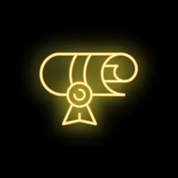 Neon yellow diploma scroll icon glowing on black background Stock Illustration