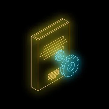 Neon yellow document being optimized with two blue gears isometrically Stock Illustration