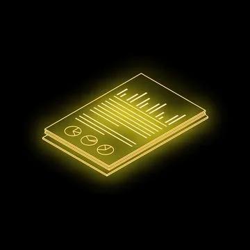 Neon yellow document with charts and graphs glowing on black background Stock Illustration