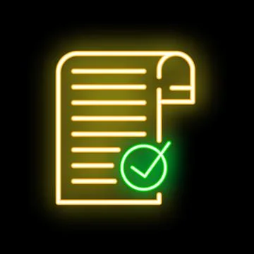 Neon yellow document with green checkmark icon on black background Illustrazione stock
