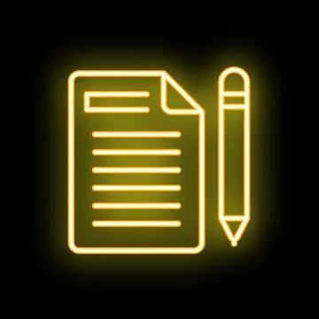 Neon yellow document with lines and pencil icon graphic on black background Stock Illustration