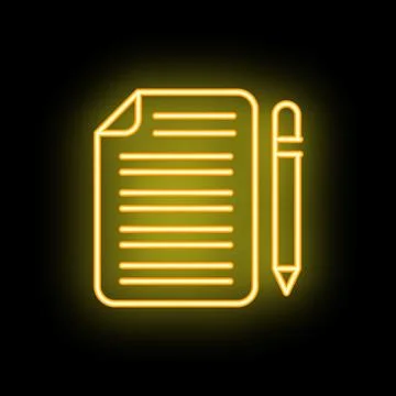 Neon yellow document with lines and pencil icon glowing on black background Stock Illustration