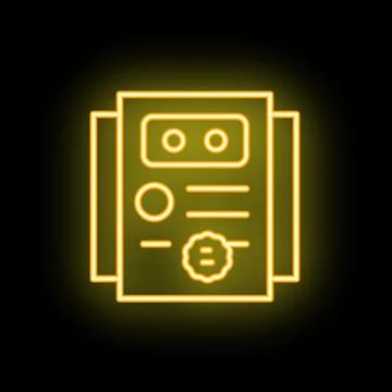 Neon yellow documents with stamp icon glowing on black background Stock Illustration