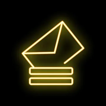 Neon yellow envelope icon resting on stack of papers on black background Illustrazione stock