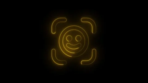 Neon yellow Face Recognition Smile Detection Icon on Black Background. Glow.. Stock Footage 340243288