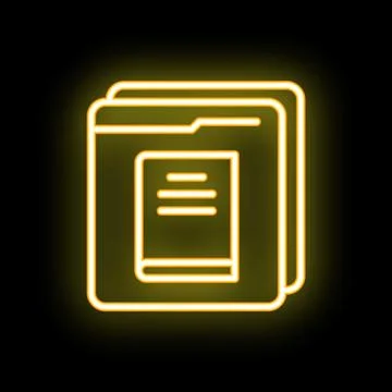 Neon yellow folder icon with document file glowing on black background 스톡 일러스트