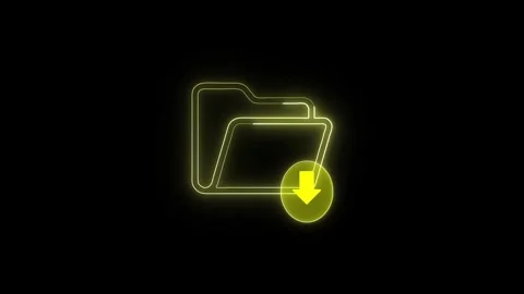 Neon yellow folder icon with download arrow animation glowing on black back.. Stock Footage 345548320