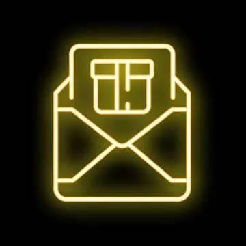 Neon yellow gift card inside envelope icon on black background Stock Illustration