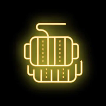 Neon yellow glowing dynamite icon with detonator cord on black background Stock Illustration
