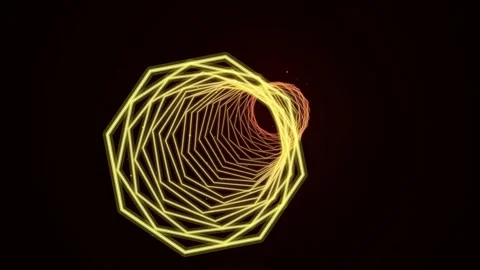 Neon yellow glowing geometric tunnel shape moving endlessly through dark sp.. Vídeos de archivo 342784591