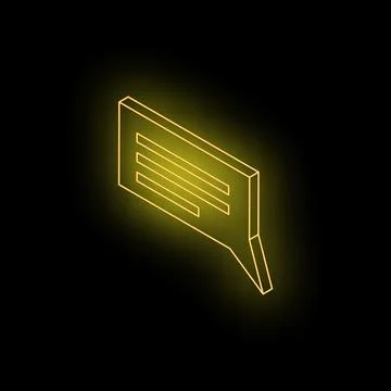 Neon yellow glowing rectangular speech bubble with text lines on black back.. Illustrazione stock