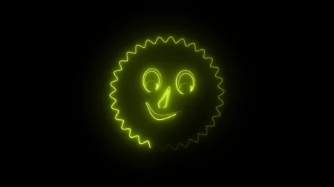 Neon yellow glowing smiling sun icon on black background Vídeo Stock 345111301