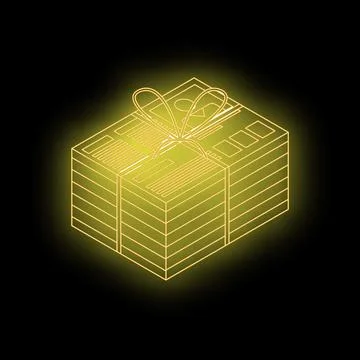 Neon yellow glowing stack of documents wrapped with ribbon on black backgroun 스톡 일러스트