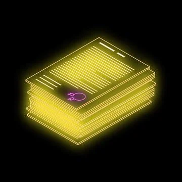Neon yellow glowing stack of documents with a purple stamp on black backgroun 스톡 일러스트