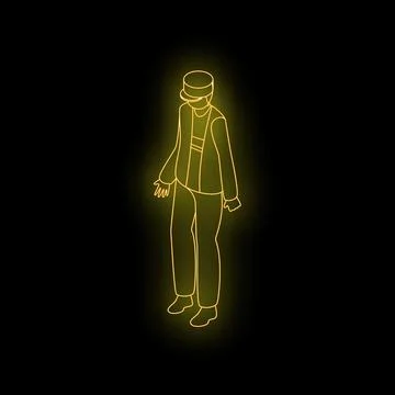 Neon yellow glowing train conductor walking on black background Stock Illustration