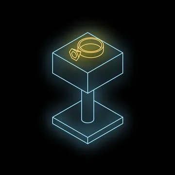 Neon yellow gold ring displayed on blue pedestal, on black background Stock Illustration