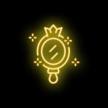 Neon yellow hand mirror with crown glowing on black background Stock Illustration