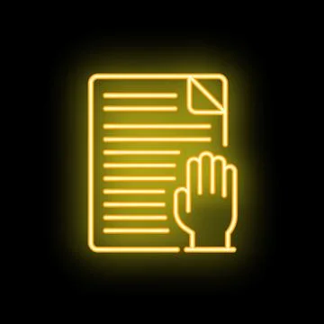 Neon yellow hand pointing at document icon on black background Stock Illustration