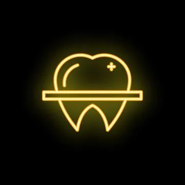 Neon yellow healthy tooth with plus sign glowing on black background Stock Illustration