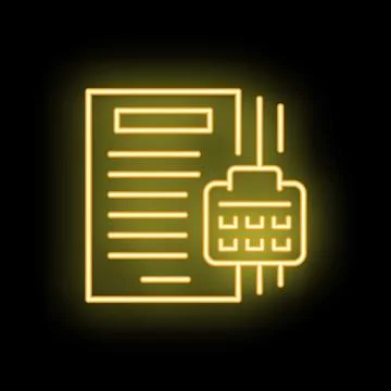 Neon yellow icon of a document and a calendar glowing on a dark background, r Stock Illustration