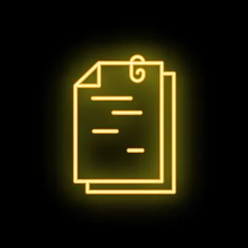 Neon yellow icon of documents attached with paperclip on black background Stock Illustration