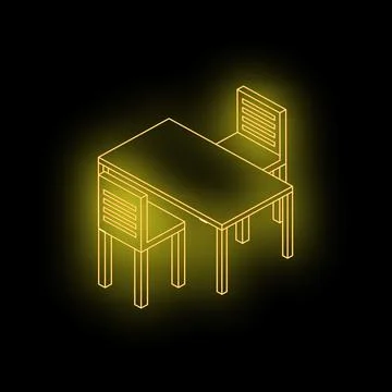 Neon yellow isometric dining table with chairs on black background Illustrazione stock
