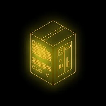 Neon yellow isometric server rack icon glowing on a dark background, symboliz Illustrazione stock