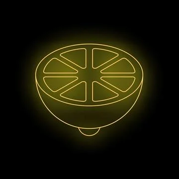 Neon yellow lemon slice glowing on black background Stock Illustration