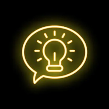 Neon yellow light bulb inside speech bubble shining in the dark Illustrazione stock
