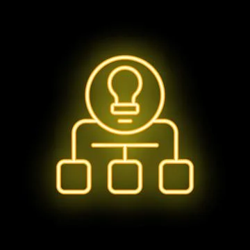 Neon yellow lightbulb shining over an organization chart on black background Stock Illustration